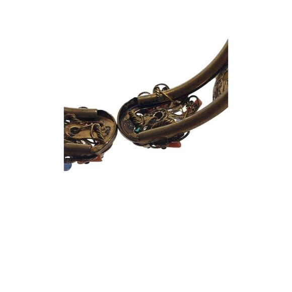 Vintage Ornate Brass Hinged Bangle Bracelet Filigree Faux Pearl Coral Glass Bead - Picture 6 of 7